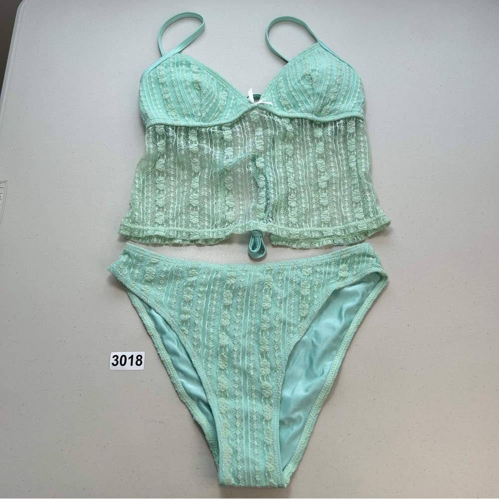 Samiol Small Cyan Hollow Lace Tankini Set Beachwear